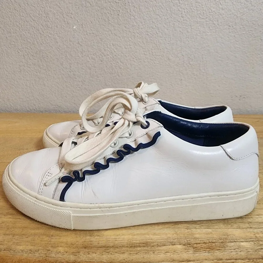 Tory Sport Shoes Womens Size 7.5 White Navy Leather Lace Up Low Top Sneakers